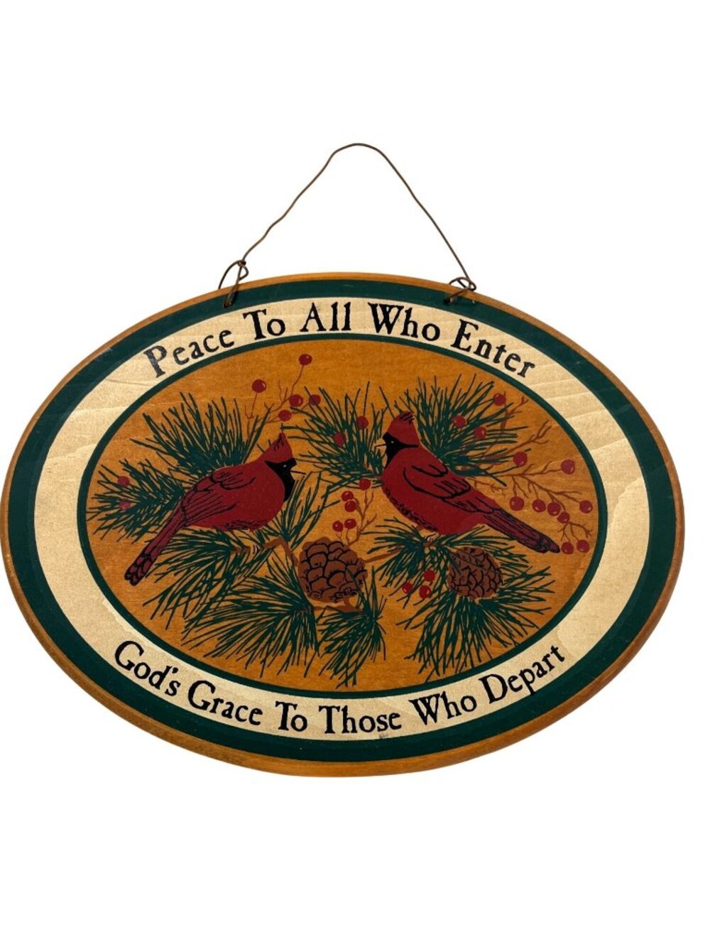 Hand Painted Peace To All Who Enter Wooden Cardinal Wall Hanging Plaque 12"x9" O